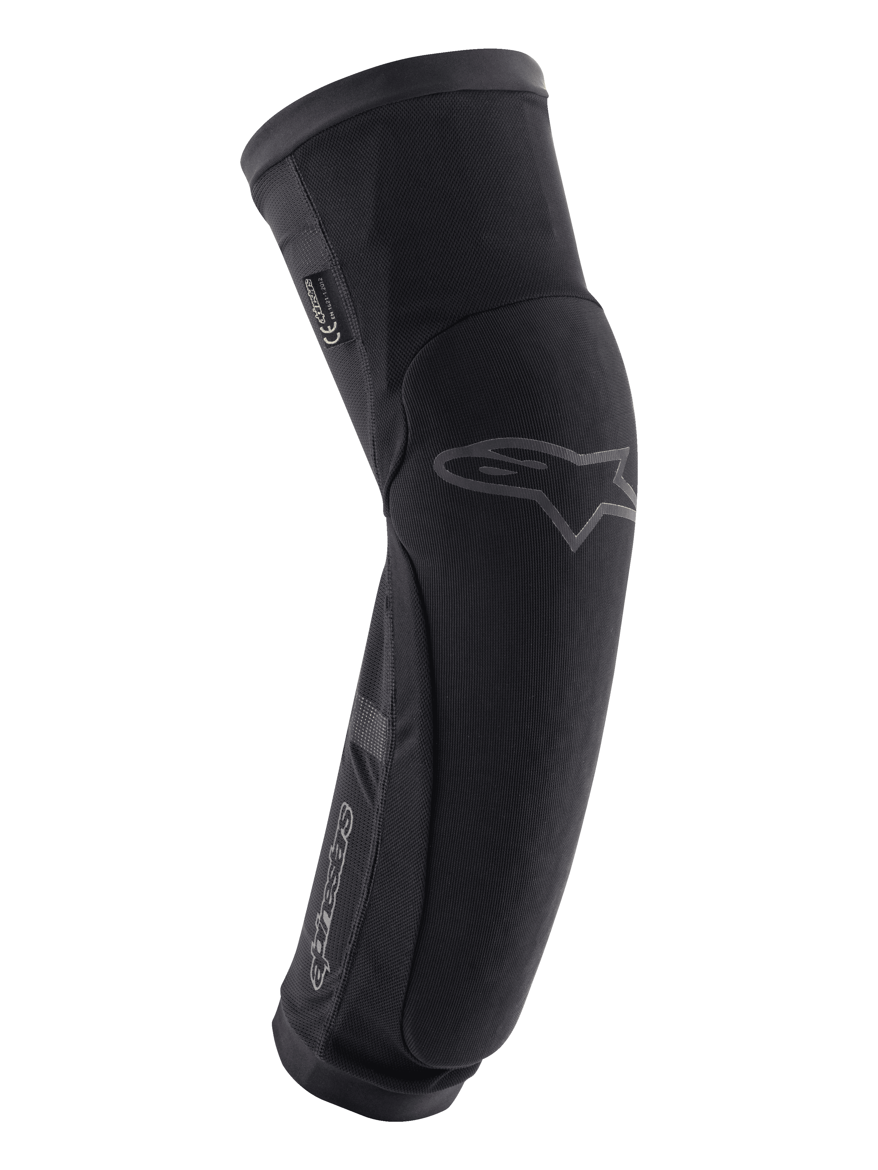 Alpinestars Paragon Plus Knee/Shin Protectors, Black, MTB Mountain Biking Protection, slip-on sleeve featuring mesh construction and reinforced panels, ergonomic pre-shaped design with Alpinestars star logo on the knee and brand name on the shin