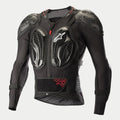 Alpinestars Bionic Pro Protection Jacket, Long Sleeve Body Armor, Black with Red accents, lightweight mesh construction, featuring integrated polymer protection plates on chest, shoulders, and elbows with honeycomb grid design, front zipper with red pull tab and adjustable kidney belt.