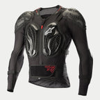Alpinestars Bionic Pro Protection Jacket, Long Sleeve Body Armor, Black with Red accents, lightweight mesh construction, featuring integrated polymer protection plates on chest, shoulders, and elbows with honeycomb grid design, front zipper with red pull tab and adjustable kidney belt.