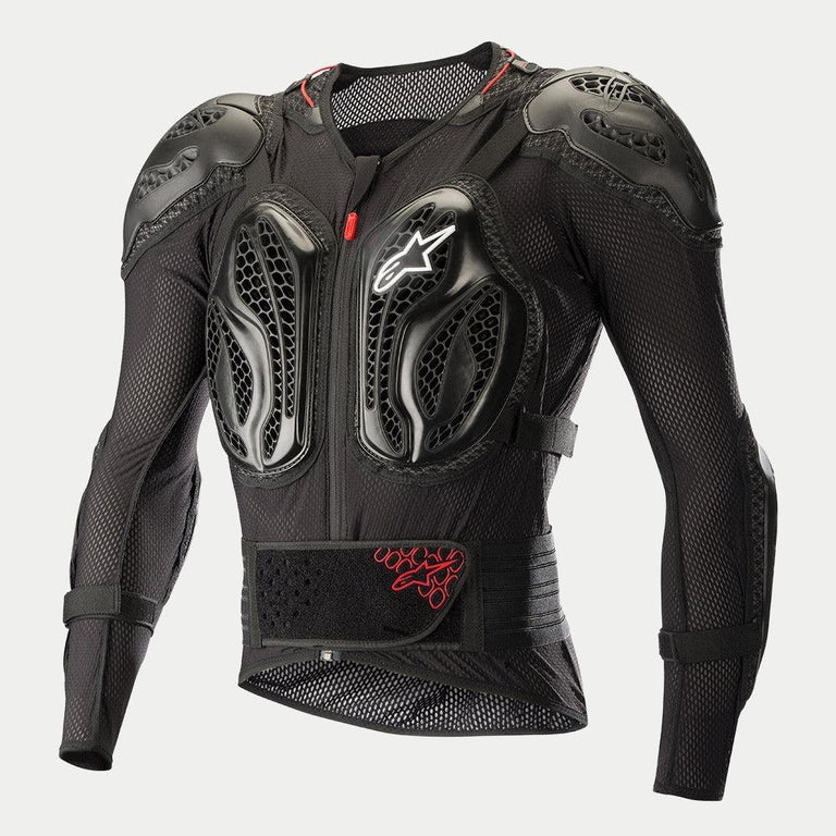 Alpinestars Bionic Pro Protection Jacket, Long Sleeve Body Armor, Black with Red accents, lightweight mesh construction, featuring integrated polymer protection plates on chest, shoulders, and elbows with honeycomb grid design, front zipper with red pull tab and adjustable kidney belt.