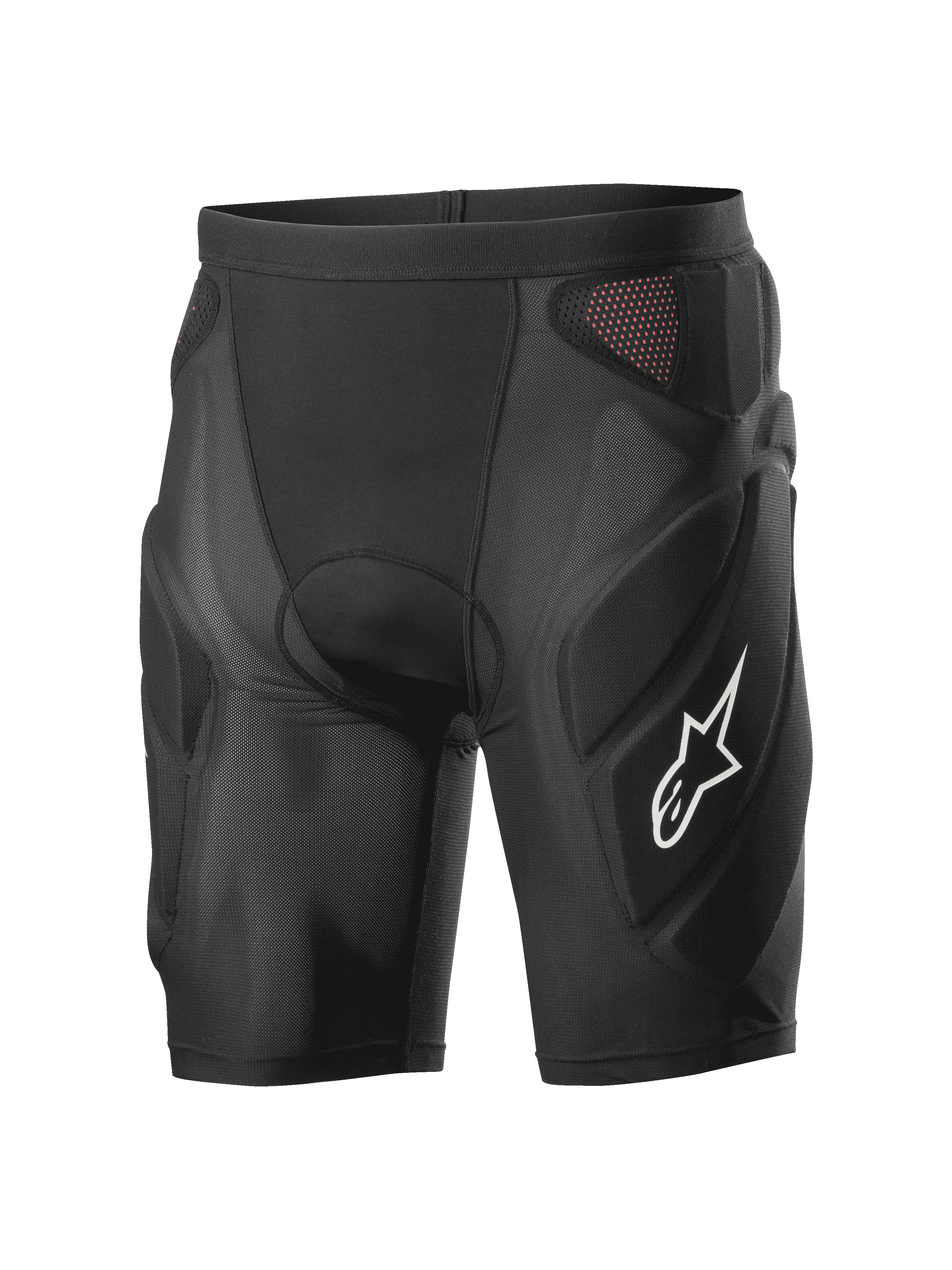 Alpinestars Vector Tech Shorts, black cycling protection shorts, padded compression design with red mesh panels, white star logo on the thigh, lightweight stretch mesh with EVA foam protection, MTB and downhill riding gear