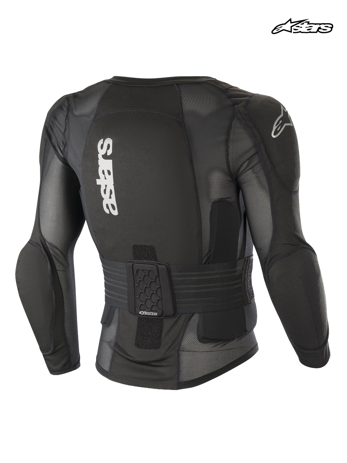 Alpinestars Paragon Pro Protection Jacket - Long Sleeve, mountain biking protection jacket in black, rear view showing integrated back protector, breathable mesh construction, and waist adjustment system