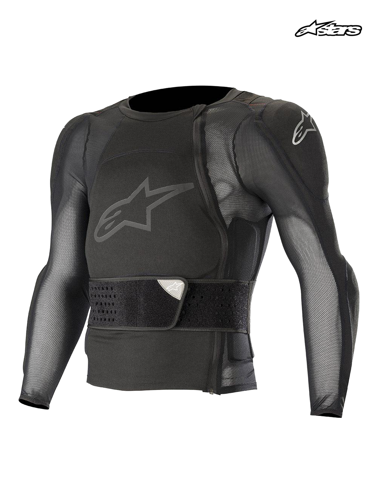 Alpinestars Paragon Pro Protection Jacket - Long Sleeve, mountain bike long-sleeve protection jacket, black, mesh construction with integrated chest protector and waist belt, front view of technical MTB protective gear