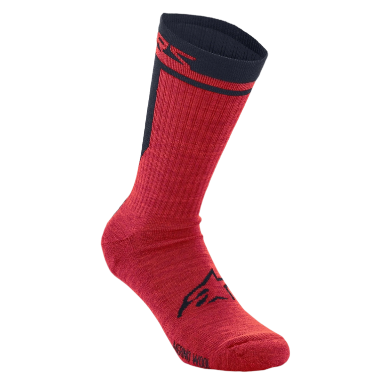 Alpinestars Merino Socks 24, Cycling Socks, Red and Black, single-layer merino wool construction, featuring a black Alpinestars logo on the foot and a black cuff with red branding