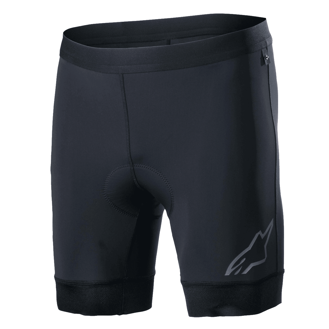 Alpinestars Alps Inner Shorts, Black cycling liner shorts with integrated padded seat area, elastic waistband, reflective Astars logo on the lower left leg, stretchy synthetic fabric for performance and moisture-wicking comfort
