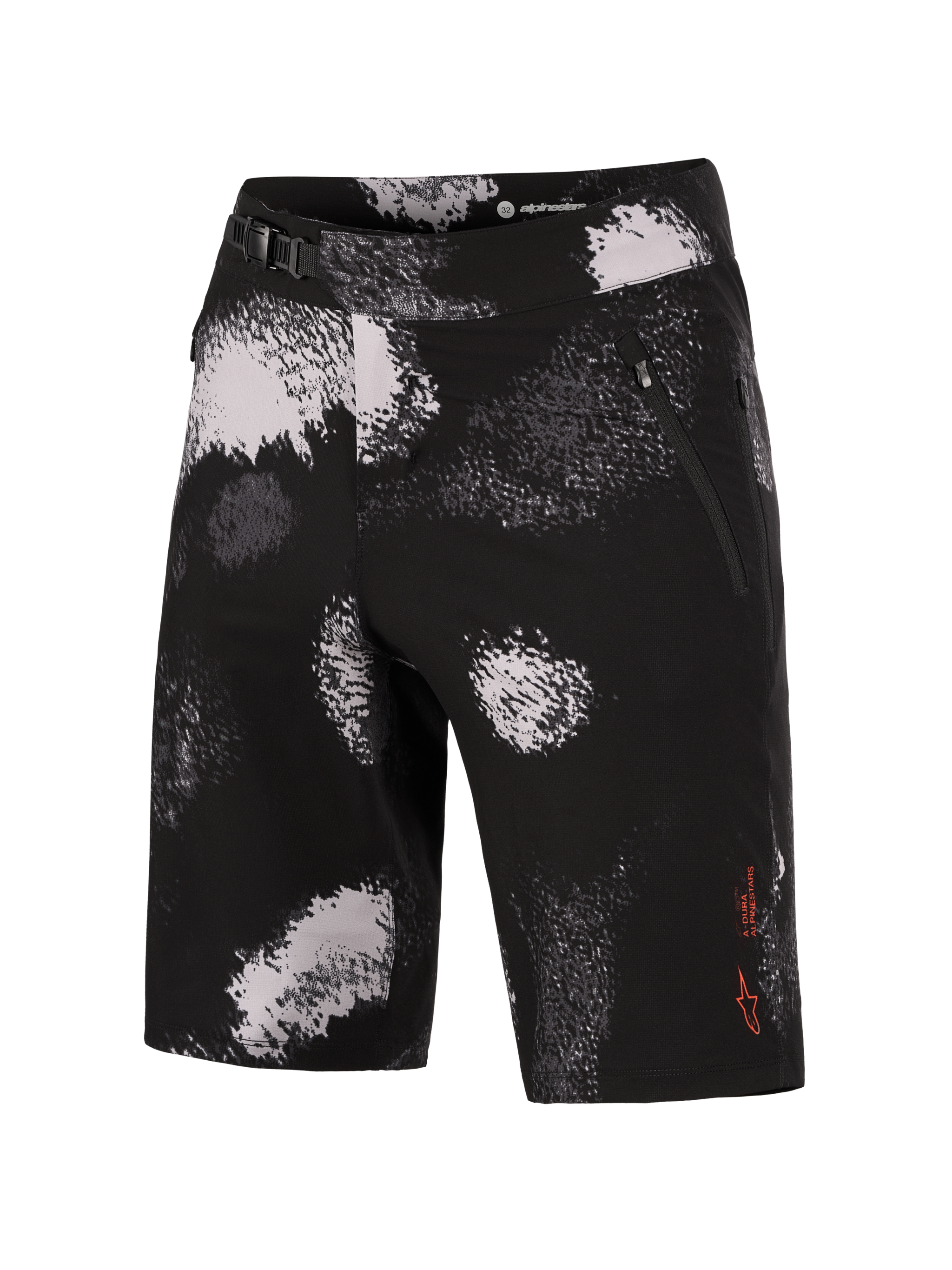 Alpinestars A-Dura Ride Shorts in Black Camo, durable MTB shorts with 4-way stretch and a secure ratchet waist closure.