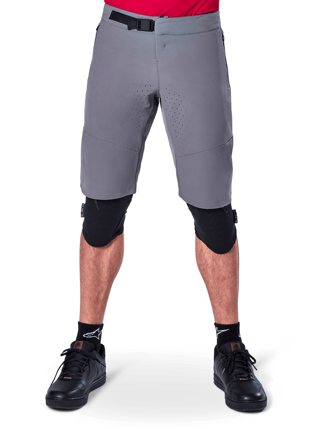 Alpinestars A-Aria Elite Shorts in Gray, high-performance MTB shorts with magnetic buckle and flexible 4-way stretch fabric.