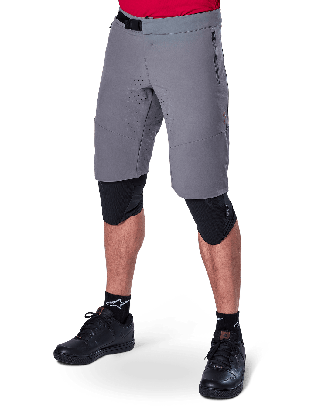 Alpinestars A-Aria Elite Shorts, Men's Dark Gray MTB shorts with magnetic buckle and zippered pockets.