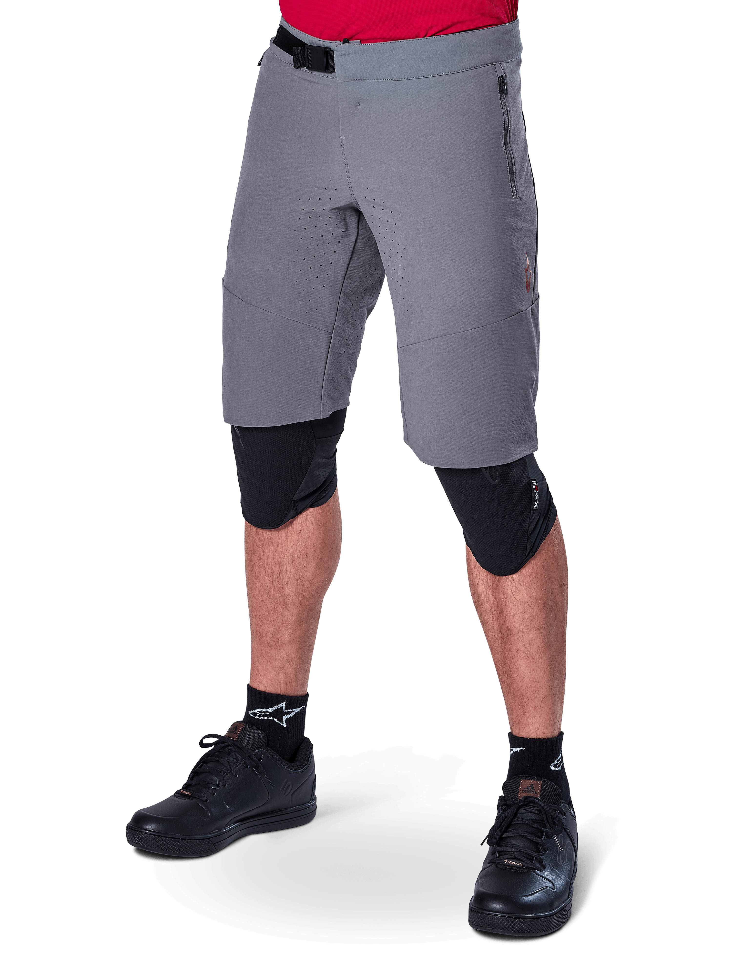 Alpinestars A-Aria Elite Shorts, Men's Dark Gray MTB shorts with magnetic buckle and zippered pockets.