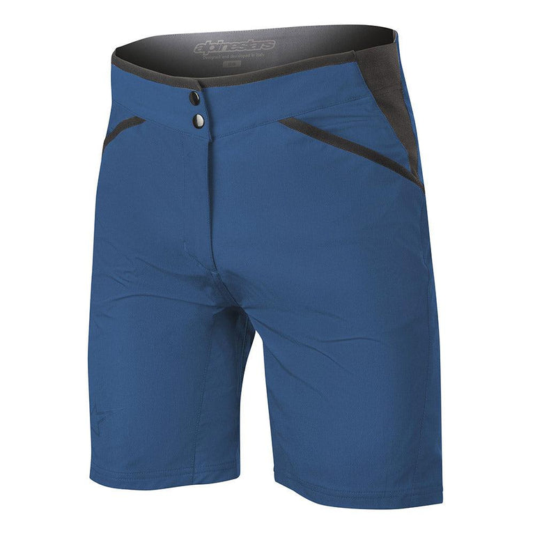 Alpinestars Women Stella Alps 6.0 Shorts, Mountain Bike Shorts, Mid Blue, featuring dark gray side panels and pocket trim, dual snap closure, technical poly-fabric for off-road cycling