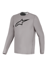 Alpinestars Gray A-Dura Ride Long Sleeve Jersey with a black chest logo, breathable stretch fabric for mountain biking.