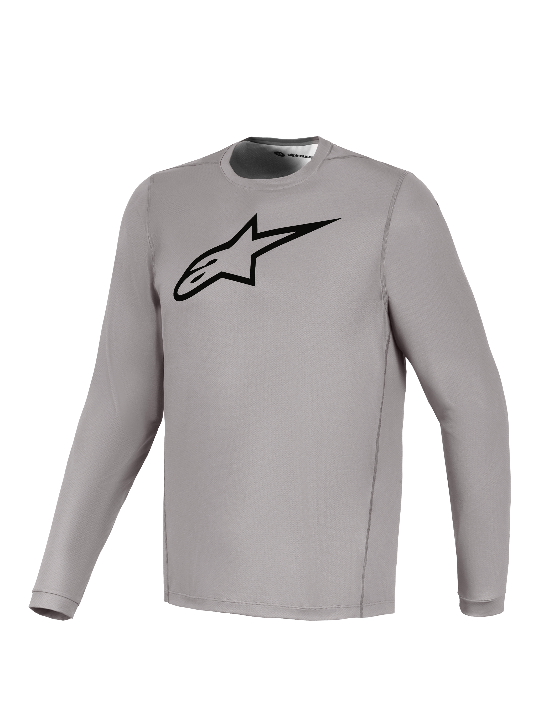 Alpinestars Gray A-Dura Ride Long Sleeve Jersey with a black chest logo, breathable stretch fabric for mountain biking.