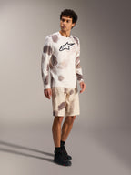 A-Dura Ride Long Sleeve Jersey in Sand Camo, performance MTB gear with bold chest logo and matching patterned shorts.