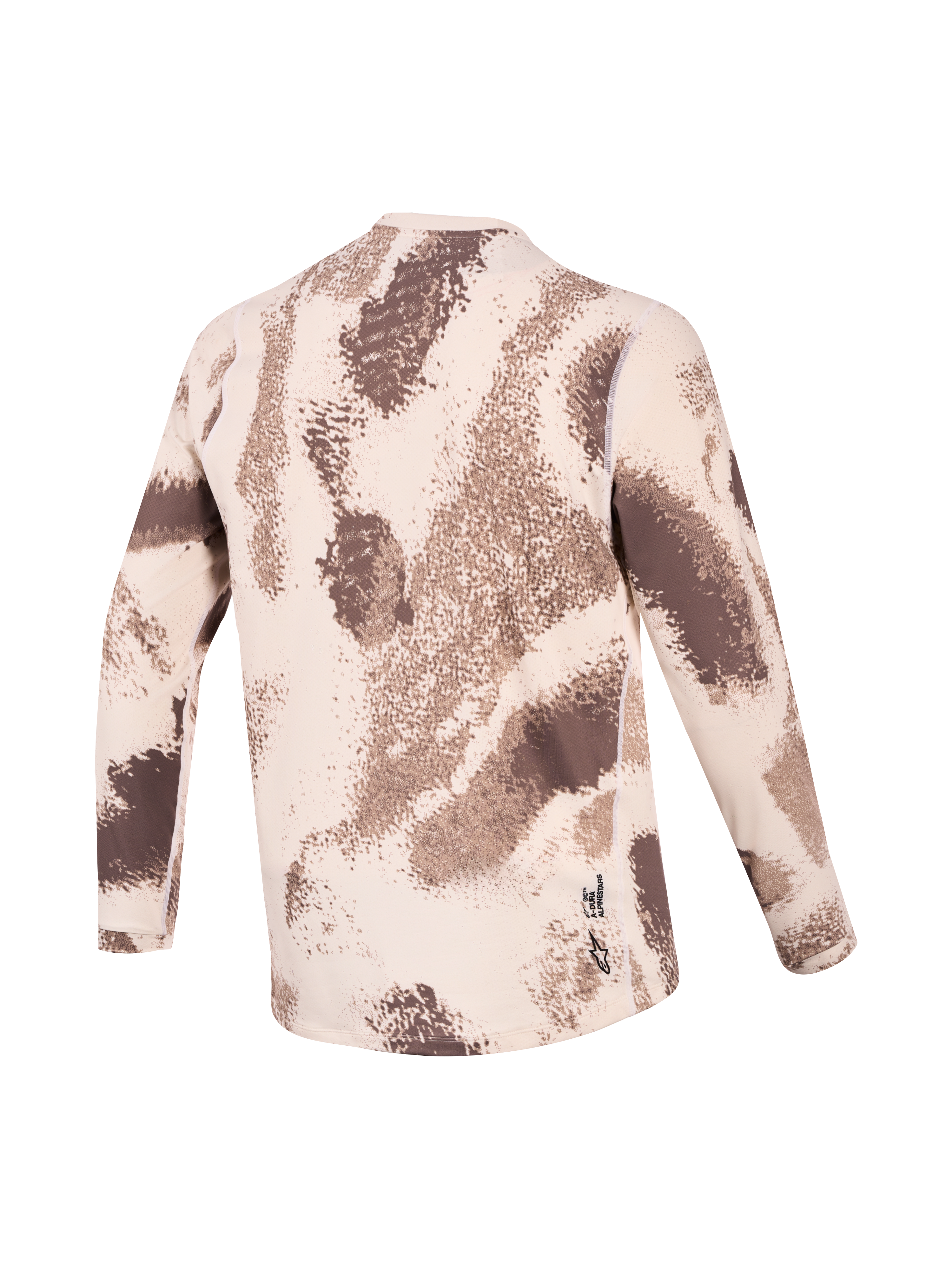 Alpinestars A-Dura Ride Jersey, Long Sleeve Mountain Bike Jersey, Sand Camo, back view showing longer drop tail and Astars logo branding
