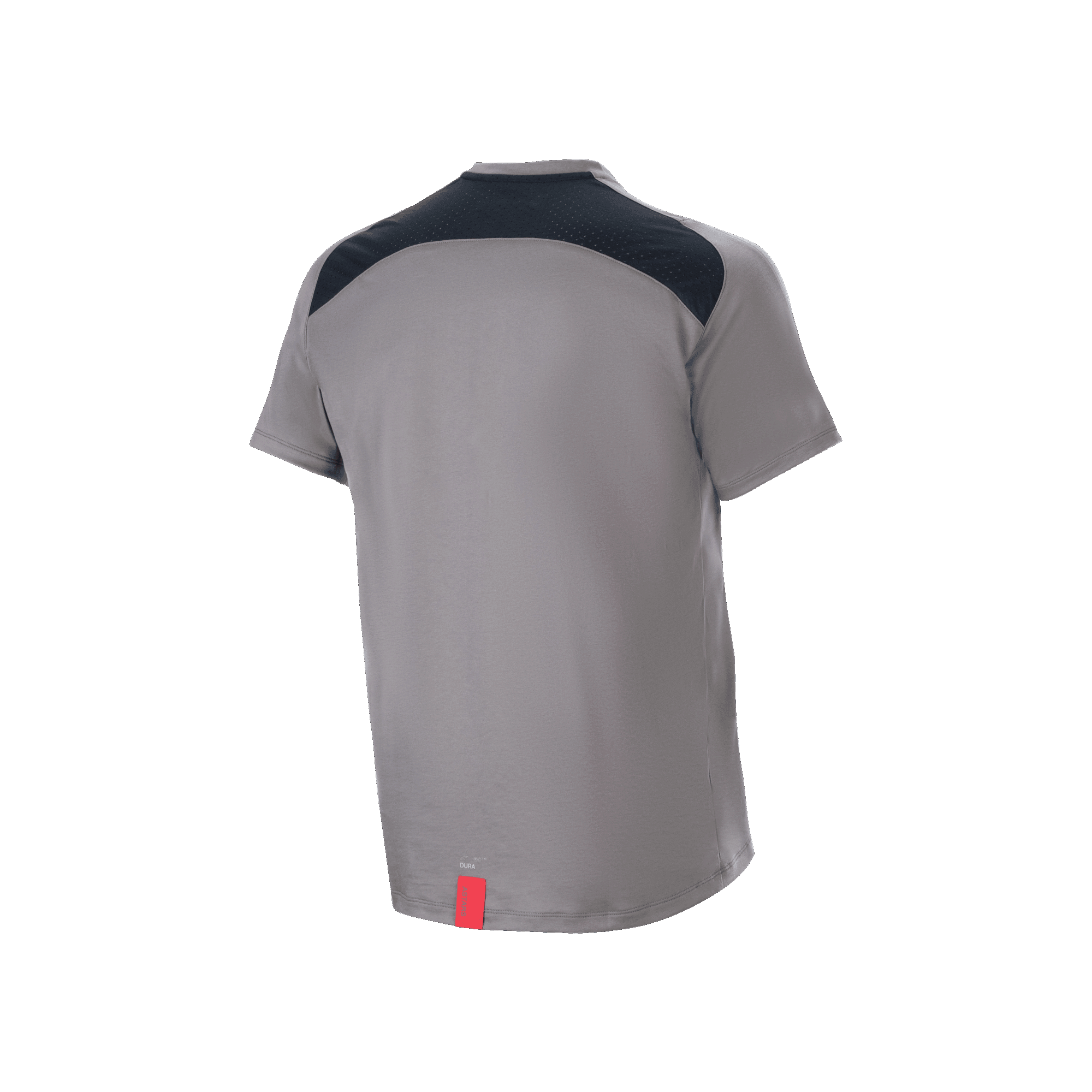 Alpinestars A-Dura Dri Astar Jersey, Short Sleeve Mountain Bike Jersey, Dark Gray, back view featuring black mesh ventilation panels across the shoulders and a small red tag at the hem, technical cycling gear