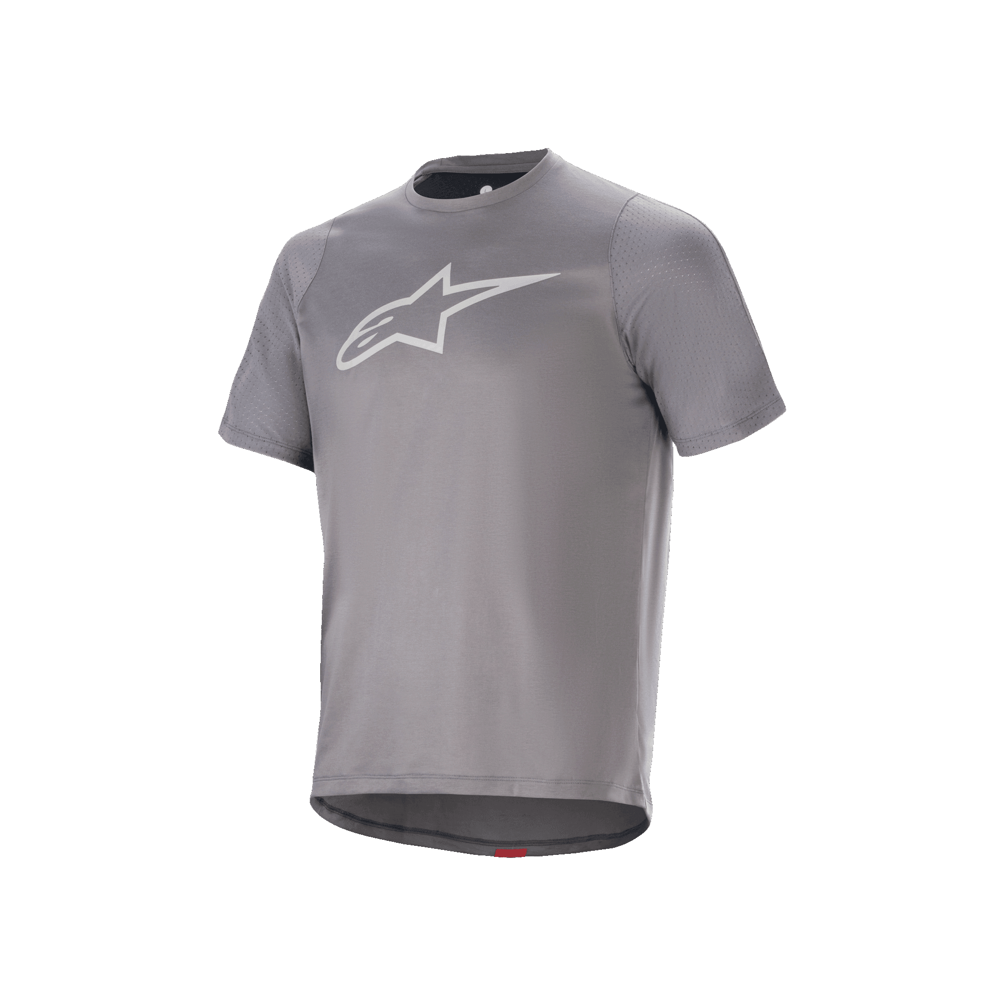 Alpinestars A-Dura Dri Astar Jersey, Short Sleeve MTB Cycling Jersey, Dark Gray, featuring a white Astar logo on the chest, mesh ventilation panels on the sleeves, and technical drirelease fabric for off-road riding