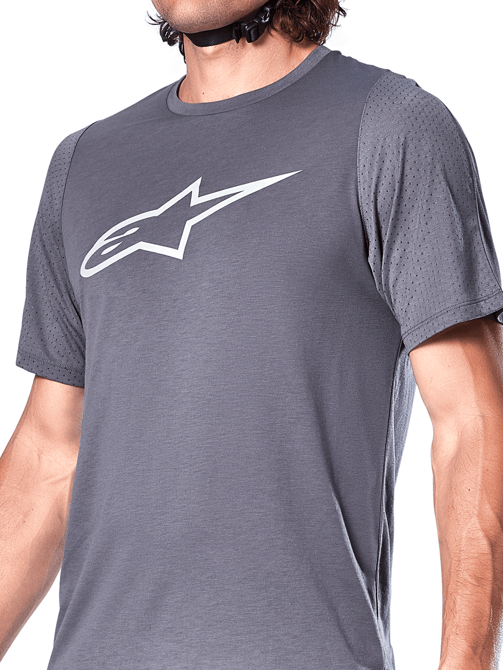 Alpinestars A-Dura Dri Astar Jersey, Short Sleeve Cycling Jersey, Dark Gray, featuring a large white Astar logo on the chest, mesh ventilation panels on the sleeves, technical mountain bike apparel for performance riding
