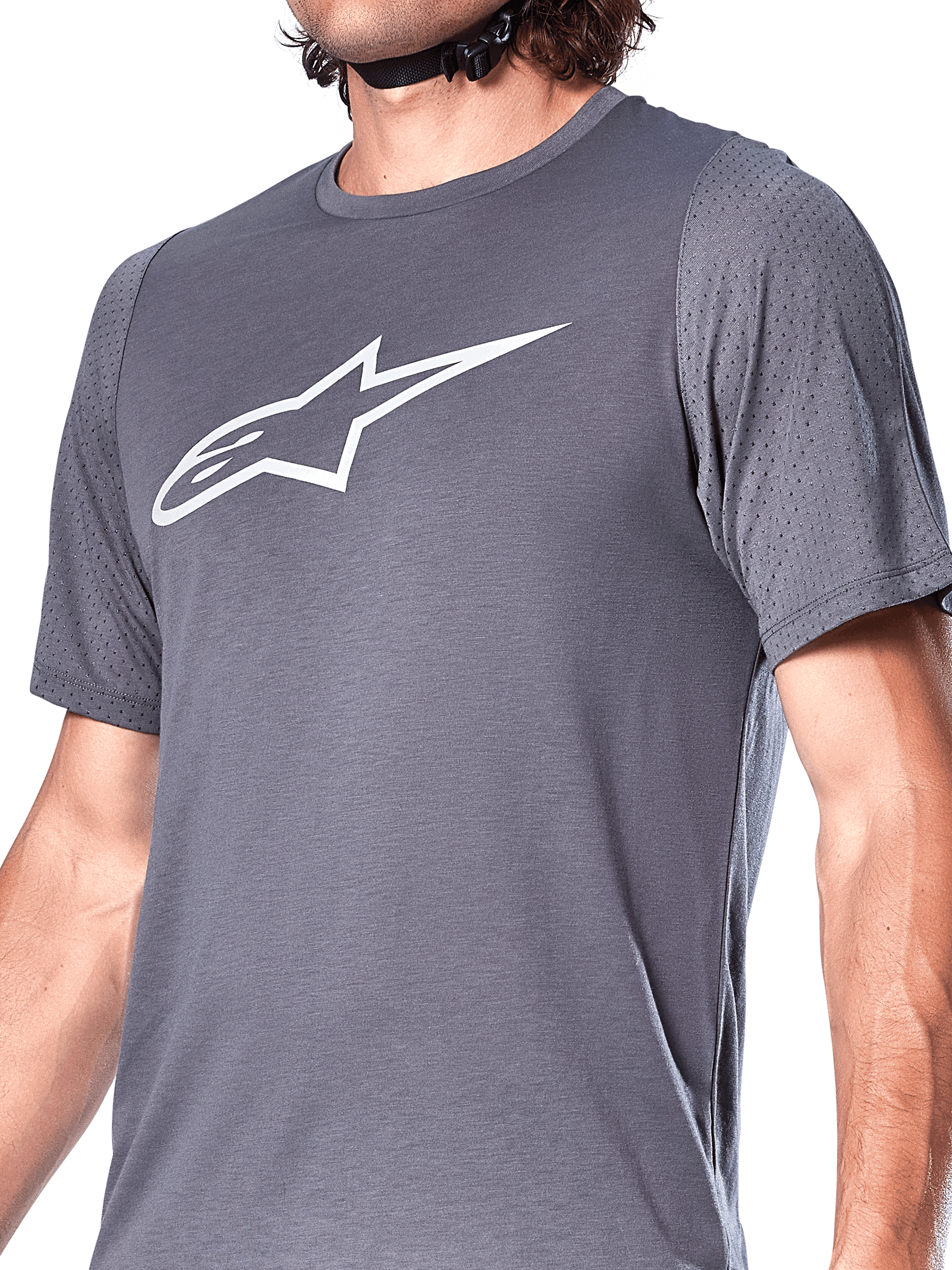 Alpinestars A-Dura Dri Astar Jersey, Short Sleeve Cycling Jersey, Dark Gray, featuring a large white Astar logo on the chest, mesh ventilation panels on the sleeves, technical mountain bike apparel for performance riding