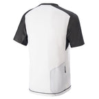 Alpinestars Alps 8 V2 Short Sleeve Jersey, Mountain Bike Jersey, White and Black, rear view showing zippered back pocket, textured black sleeves, and ergonomic athletic fit for off-road riding