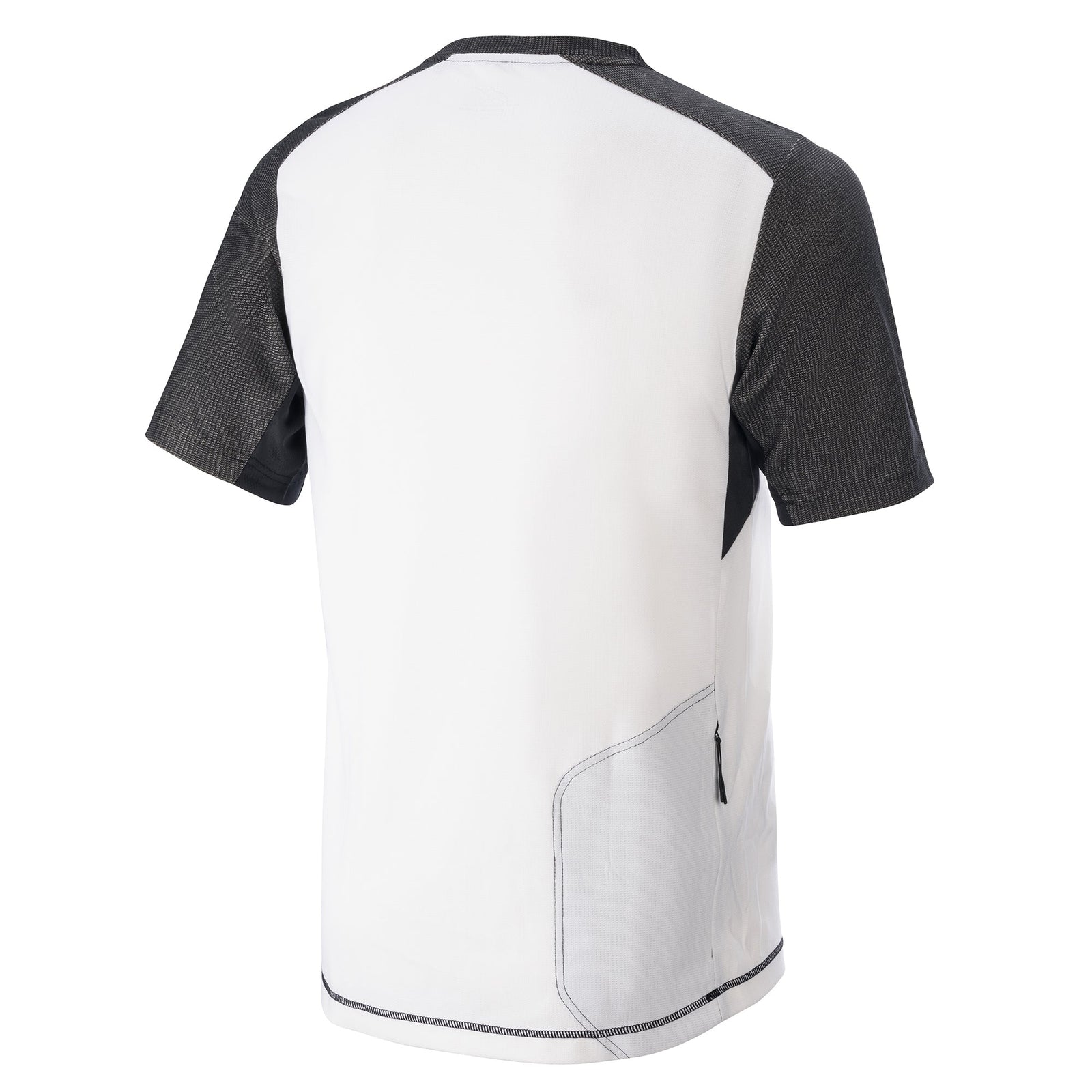 Alpinestars Alps 8 V2 Short Sleeve Jersey, Mountain Bike Jersey, White and Black, rear view showing zippered back pocket, textured black sleeves, and ergonomic athletic fit for off-road riding