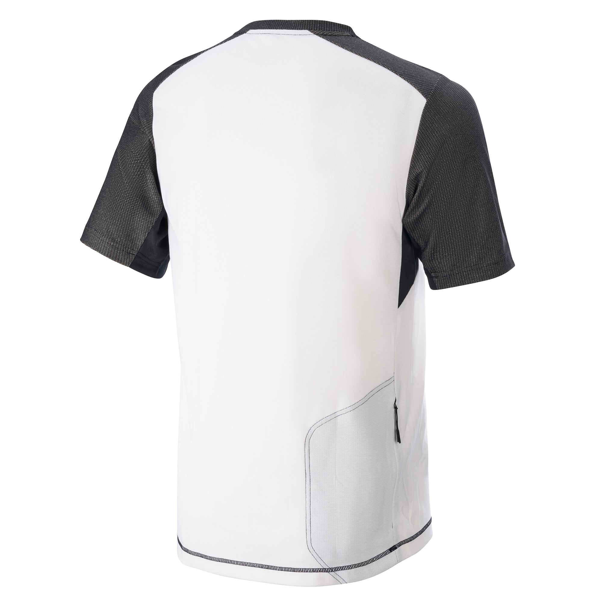 Alpinestars Alps 8 V2 Short Sleeve Jersey, Mountain Bike Jersey, White and Black, rear view showing zippered back pocket, textured black sleeves, and ergonomic athletic fit for off-road riding