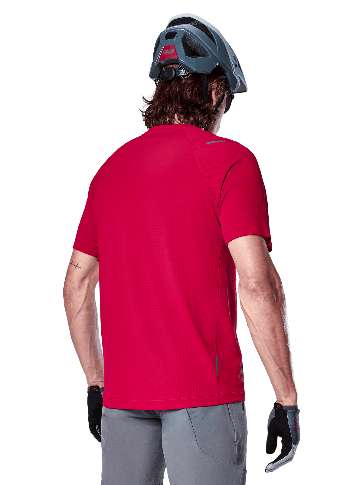 Alpinestars A-Aria Switch Short Sleeve Jersey, Red MTB cycling top, breathable polyester with drop tail shown from back.