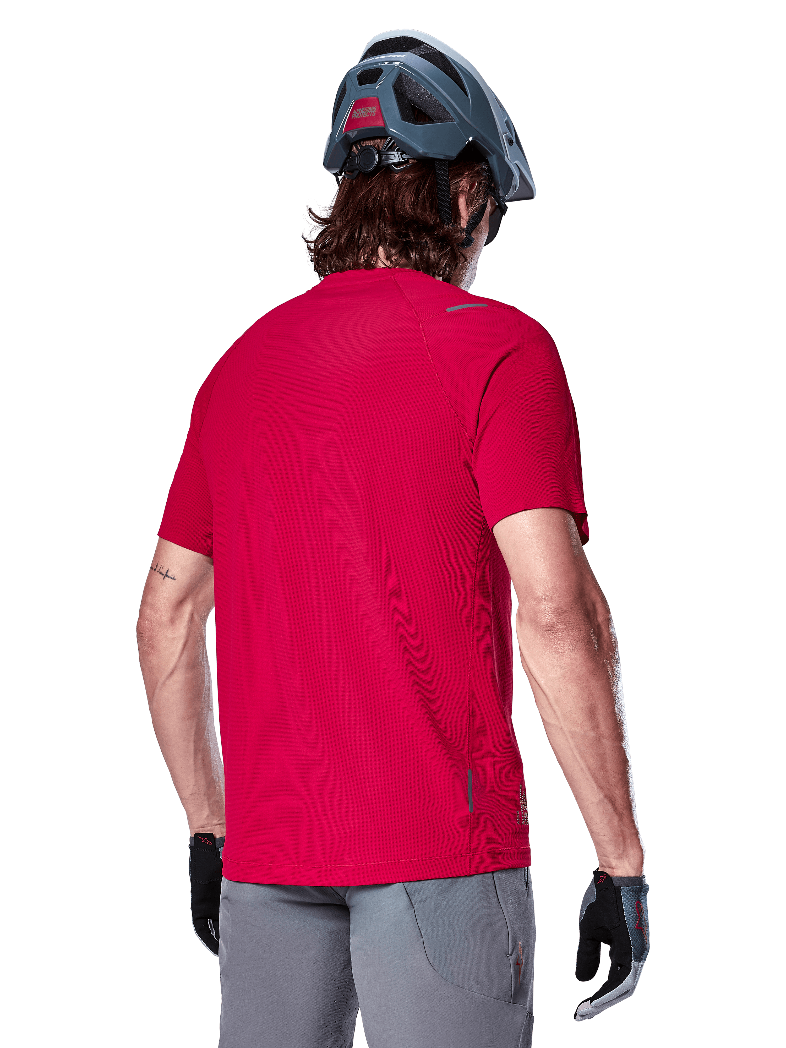 Alpinestars A-Aria Switch Short Sleeve Jersey, Red MTB cycling top, breathable polyester with drop tail shown from back.