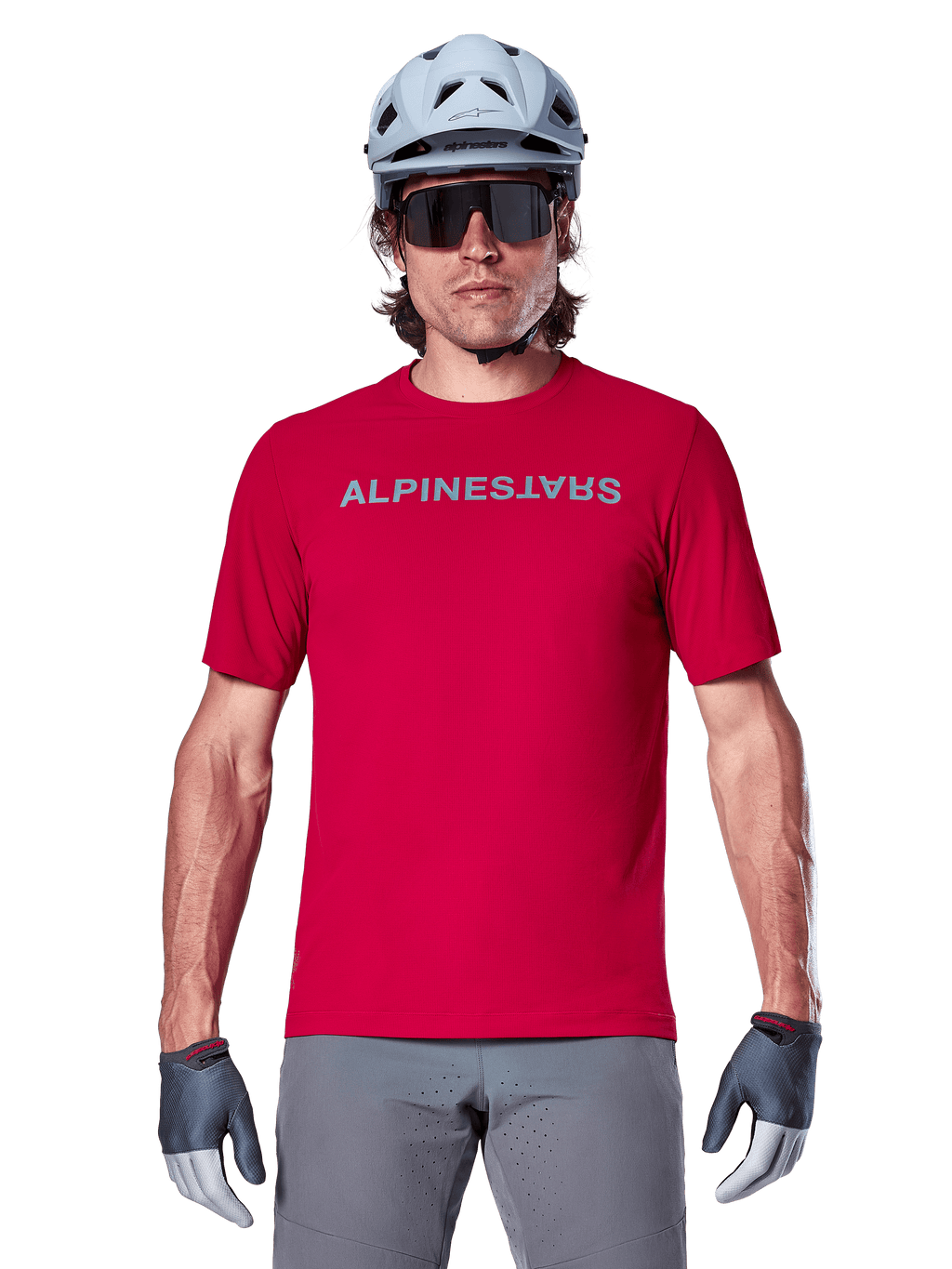 Alpinestars A-Aria Switch Jersey, Red Fluo Short Sleeve MTB Jersey for Men, breathable polyester for mountain biking performance.
