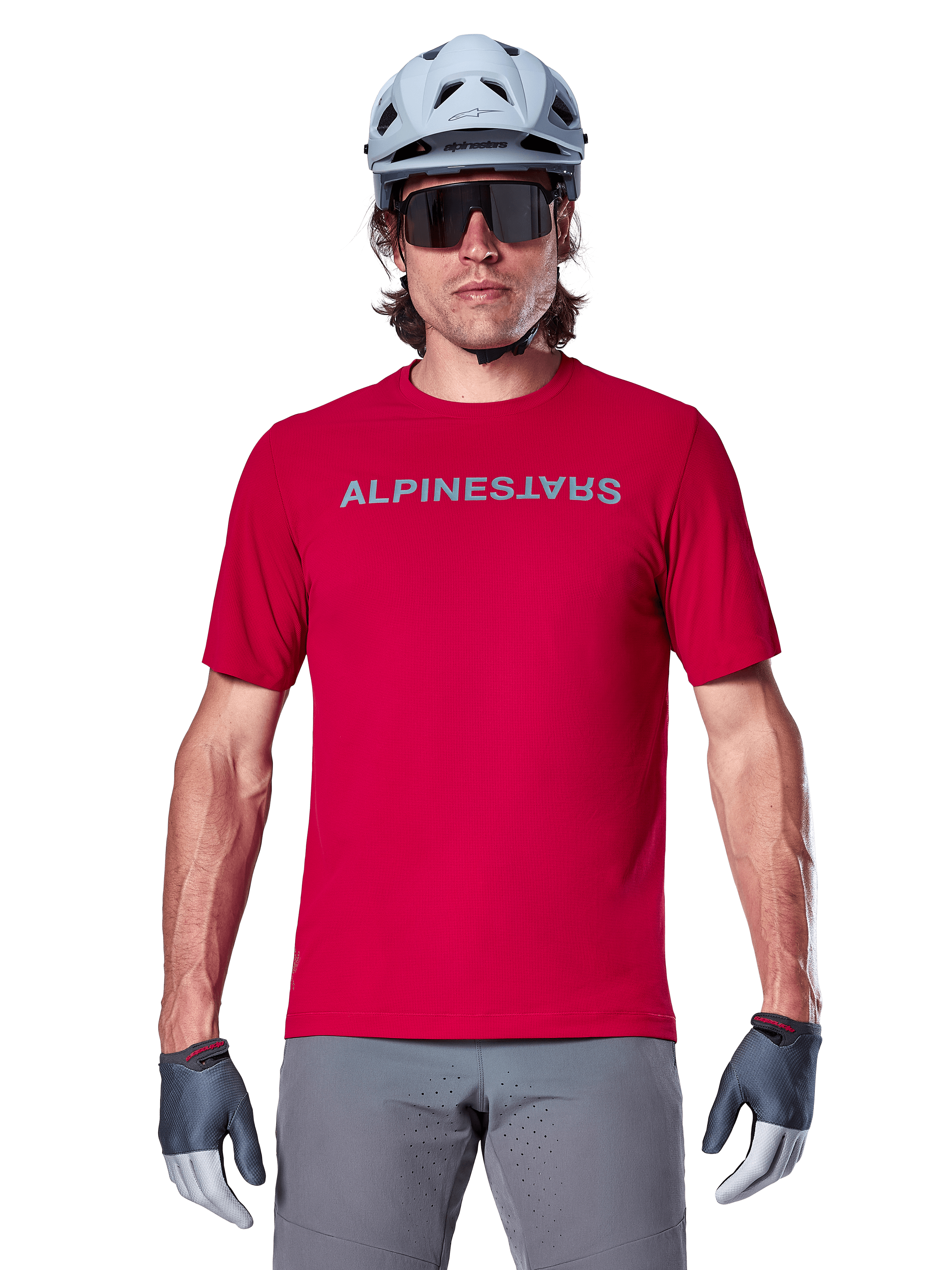 Alpinestars A-Aria Switch Jersey, Red Fluo Short Sleeve MTB Jersey for Men, breathable polyester for mountain biking performance.
