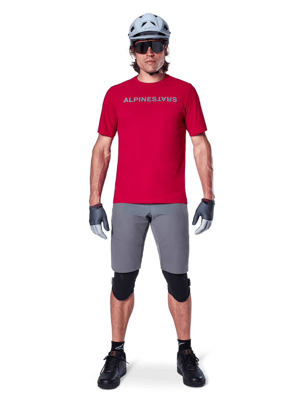 Alpinestars A-Aria Switch Short Sleeve Jersey, Red Fluo Men's MTB gear, breathable polyester for mountain biking trails.