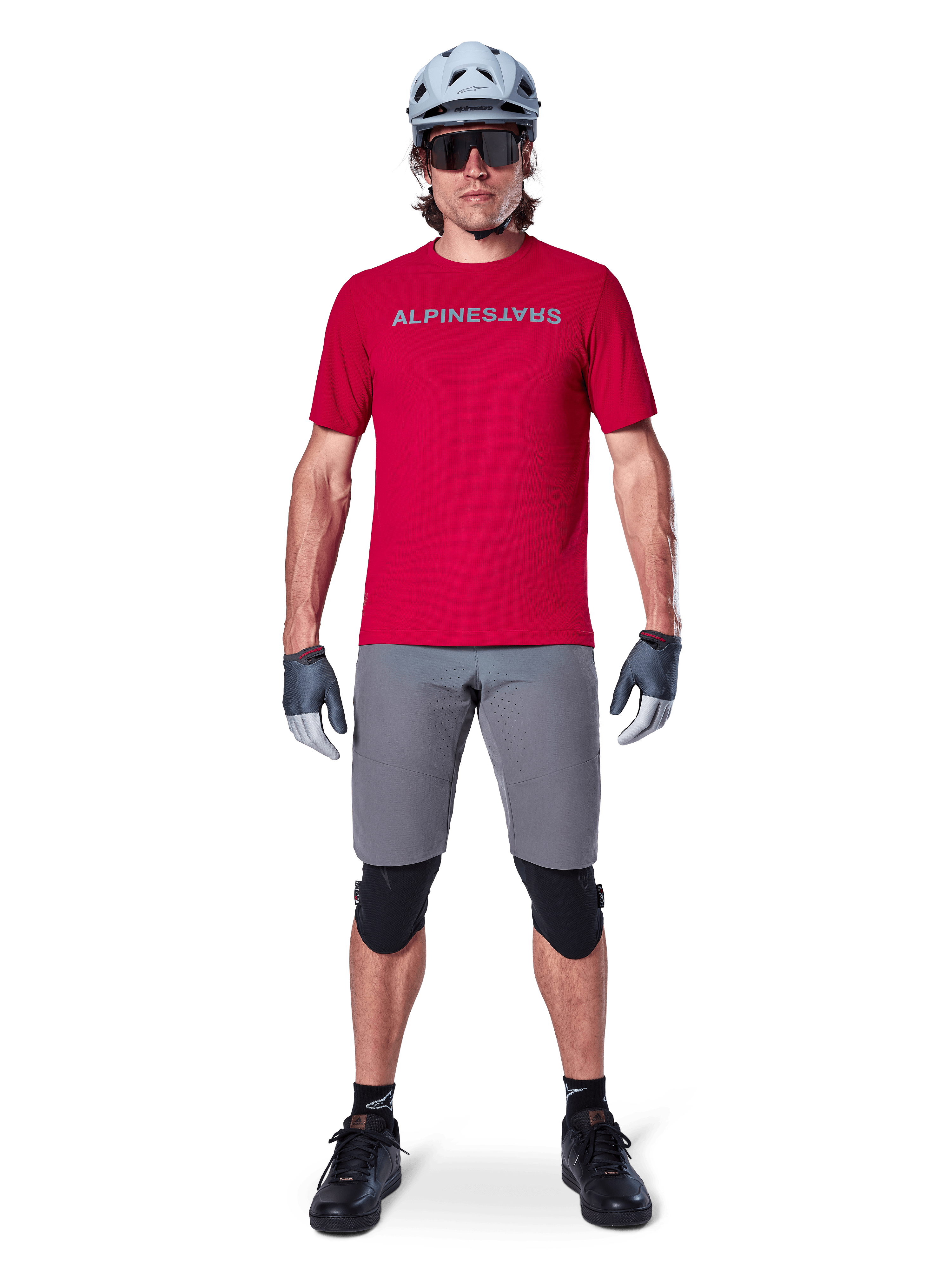 Alpinestars A-Aria Switch Short Sleeve Jersey, Red Fluo Men's MTB gear, breathable polyester for mountain biking trails.