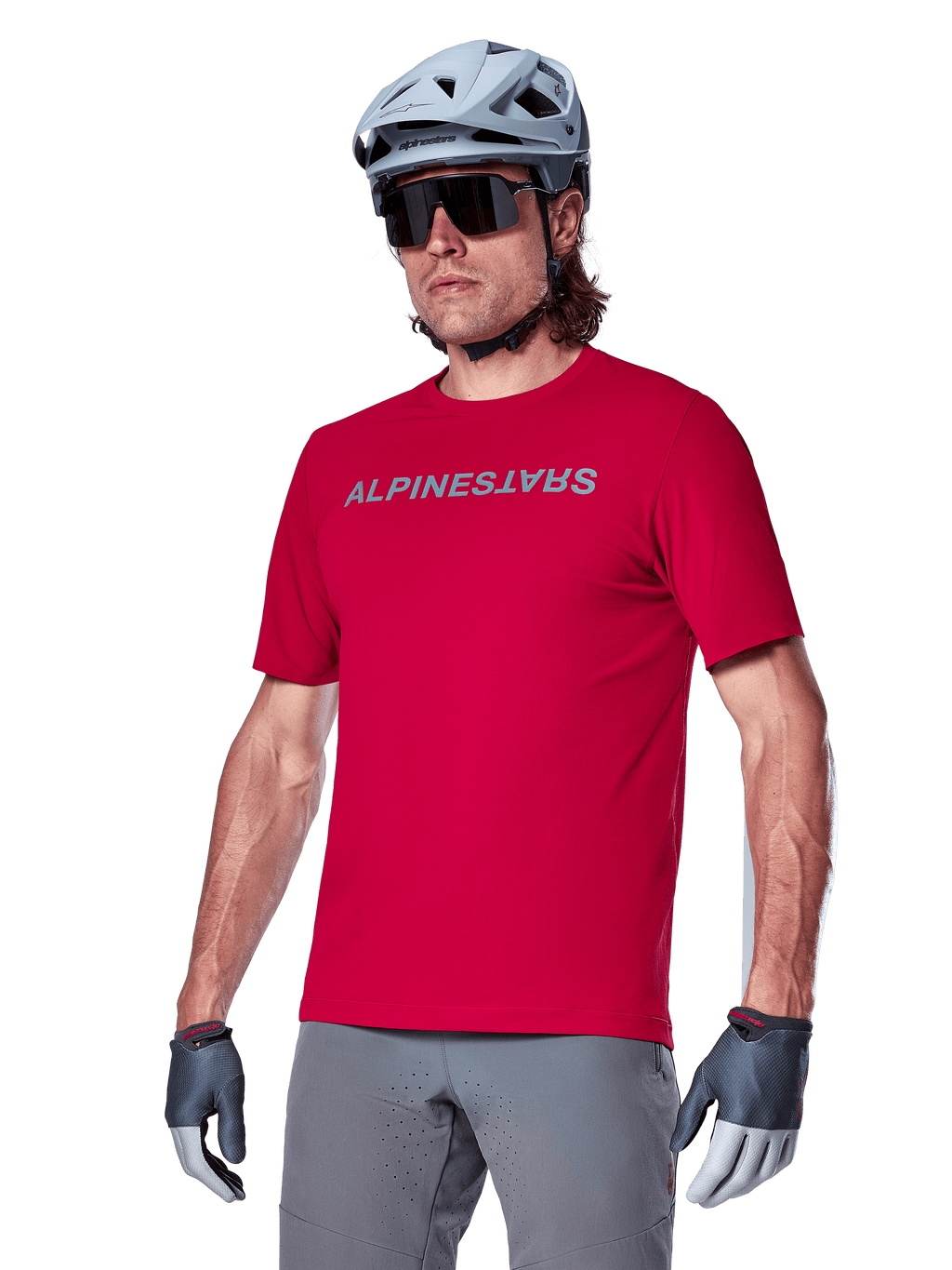 Alpinestars A-Aria Switch Short Sleeve Jersey in Red Fluo and Gray, men's breathable MTB jersey for off-road cycling performance.