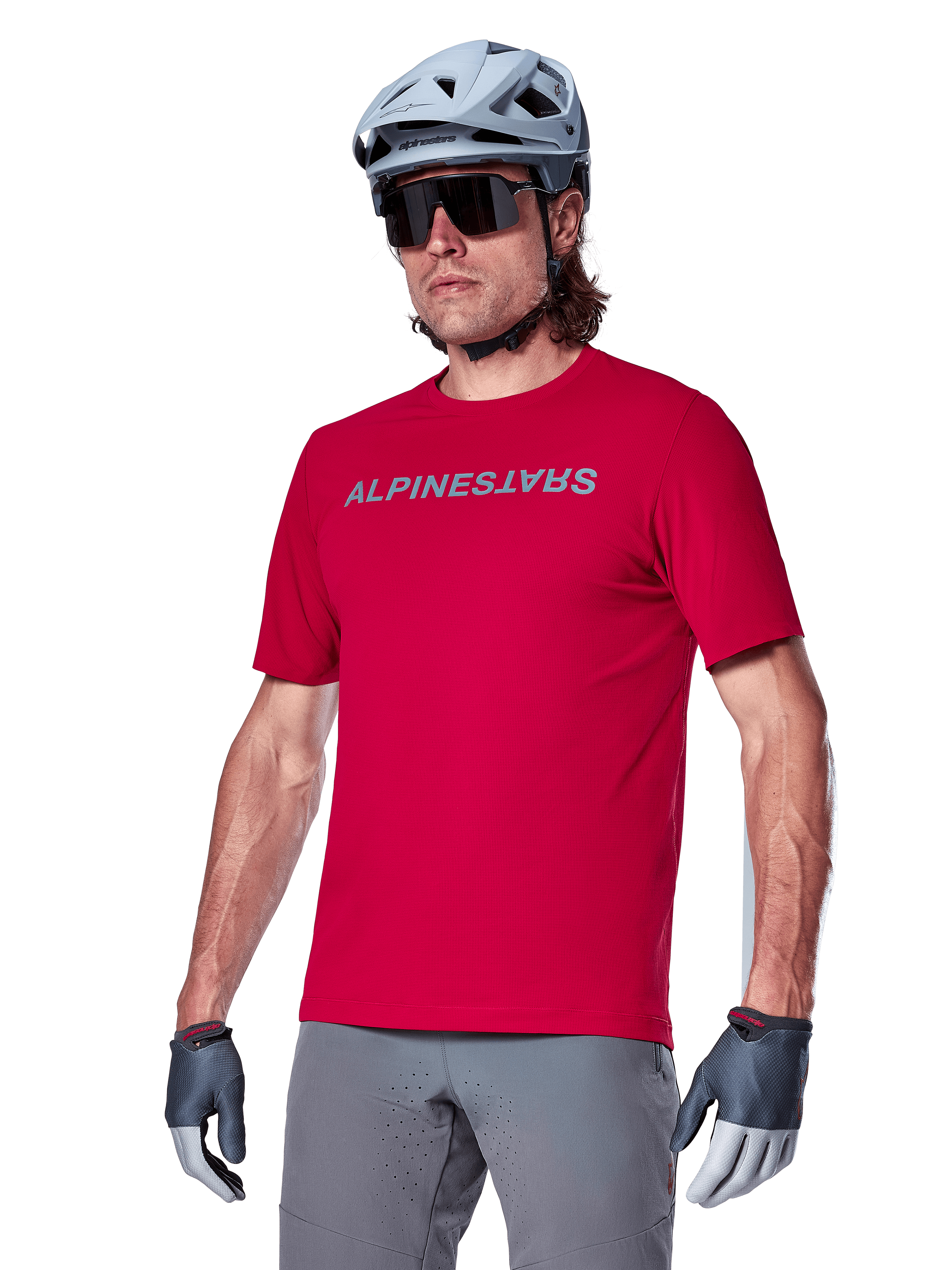 Alpinestars A-Aria Switch Short Sleeve Jersey in Red Fluo and Gray, men's breathable MTB jersey for off-road cycling performance.