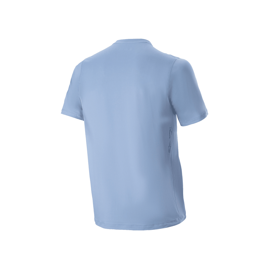 Alpinestars A-Dura Astar Men's Short Sleeve MTB Jersey in Infinity Blue, back view with jacquard fabric and drop tail.