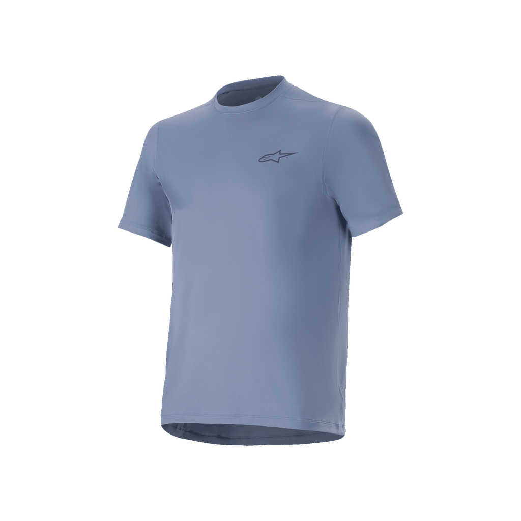 Alpinestars A-Dura Astar Short Sleeve MTB Jersey, Men's Trail Shirt in Infinity Blue with chest logo and drop tail hem.