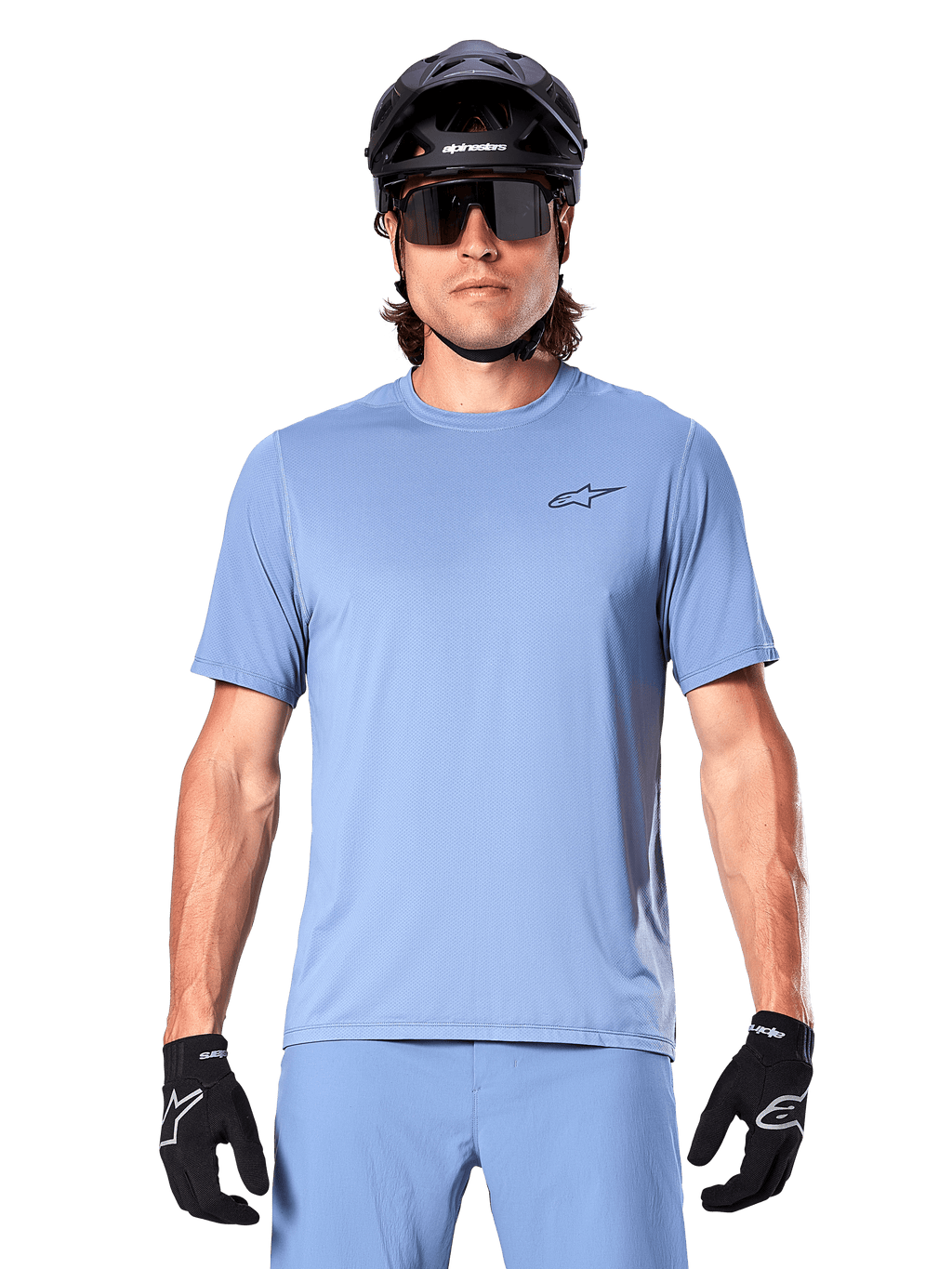 Alpinestars A-Dura Astar Short Sleeve Jersey, Infinity Blue MTB performance wear with black riding gear.