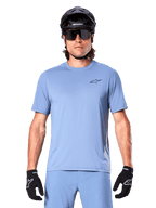 Alpinestars A-Dura Astar Short Sleeve Jersey, Infinity Blue MTB performance wear with black riding gear.
