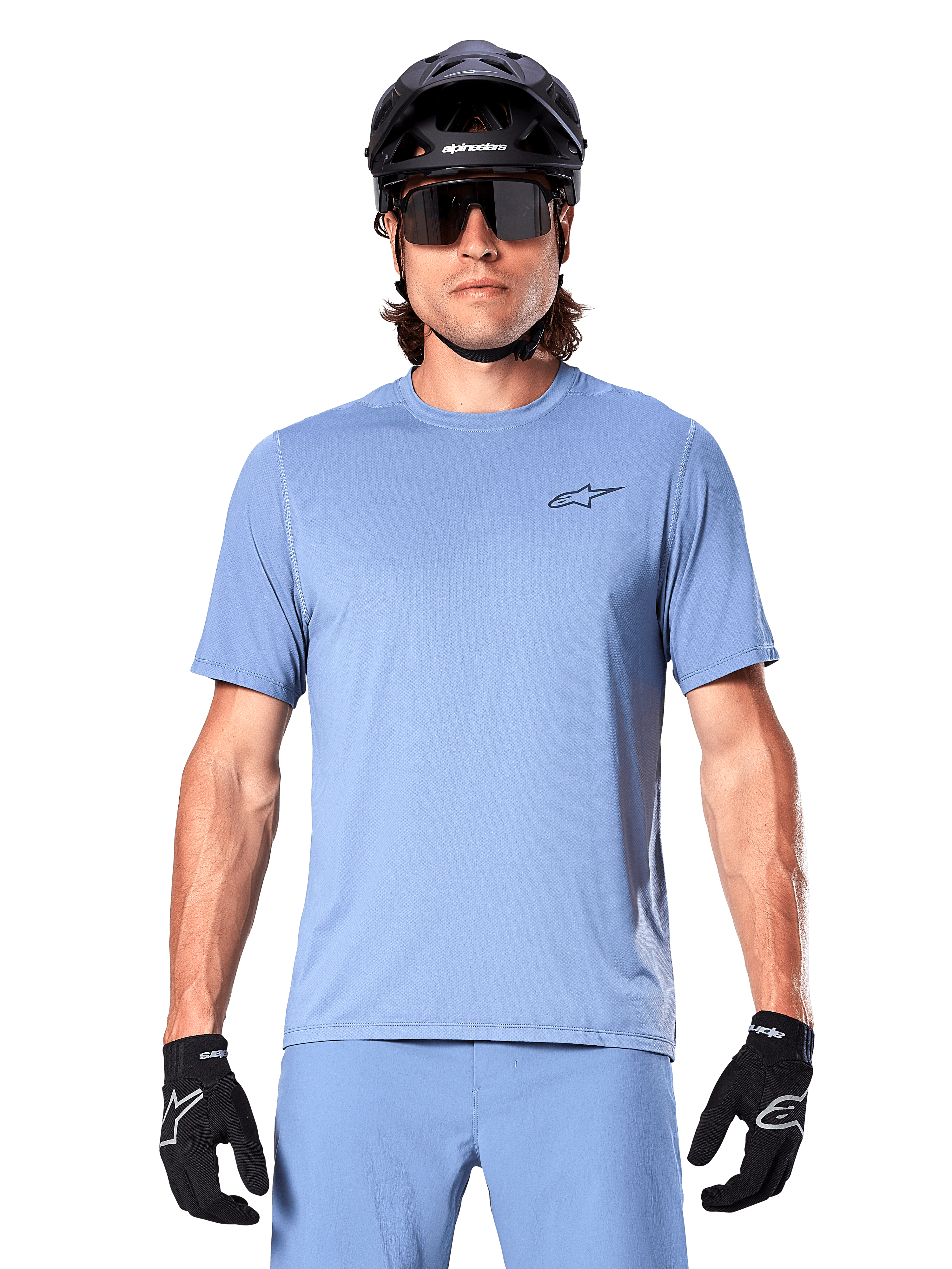 Alpinestars A-Dura Astar Short Sleeve Jersey, Infinity Blue MTB performance wear with black riding gear.