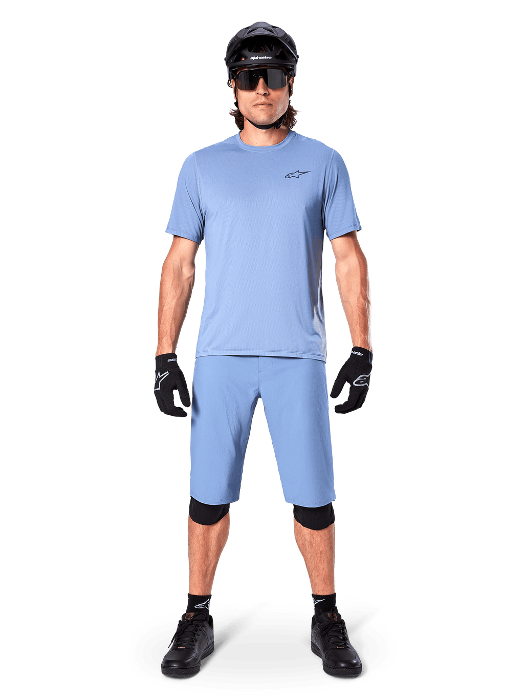 Alpinestars A-Dura Astar Short Sleeve Jersey, mountain bike trail gear, Men's, Infinity Blue, featuring matching shorts.