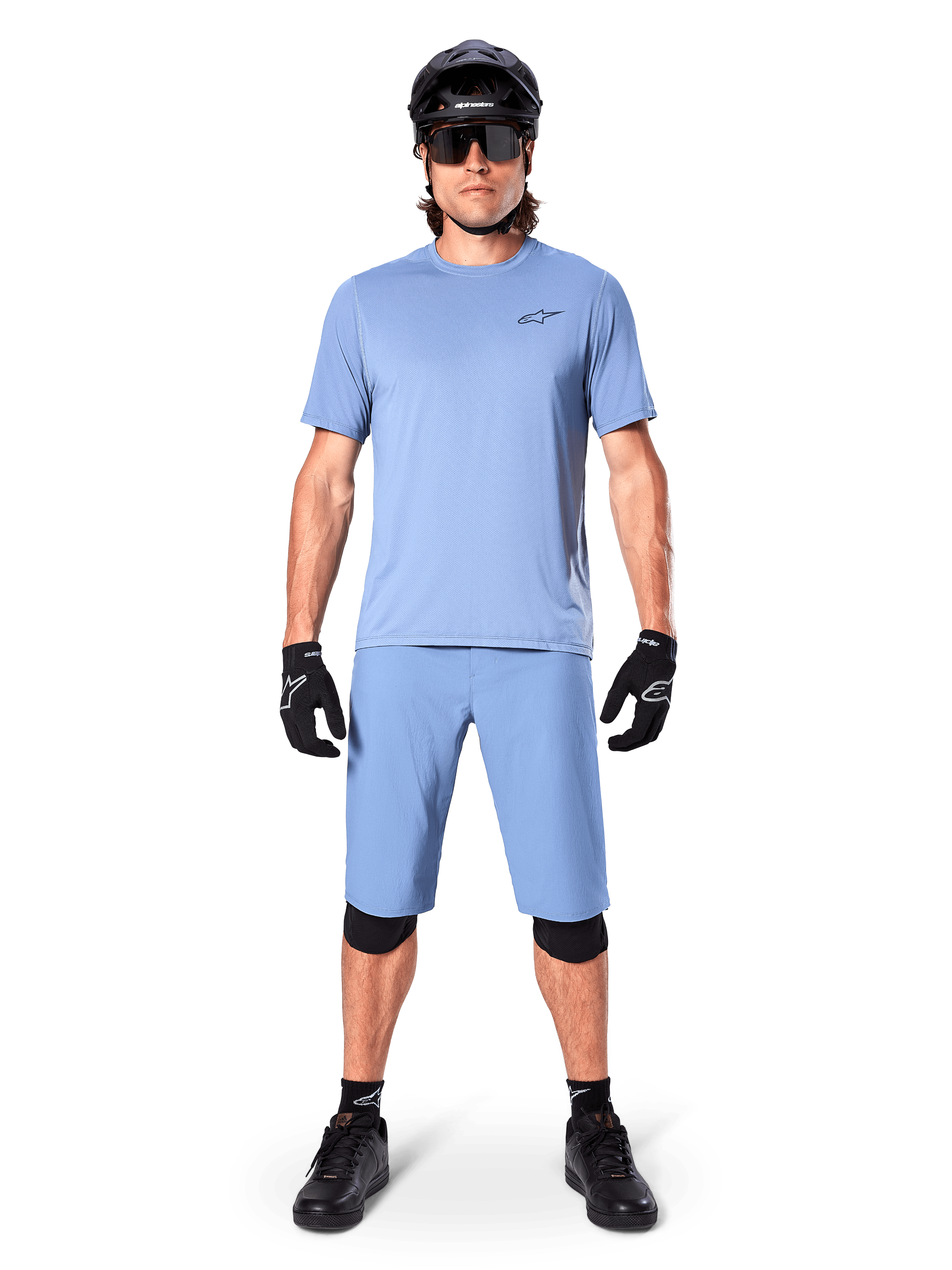 Alpinestars A-Dura Astar Short Sleeve Jersey, mountain bike trail gear, Men's, Infinity Blue, featuring matching shorts.