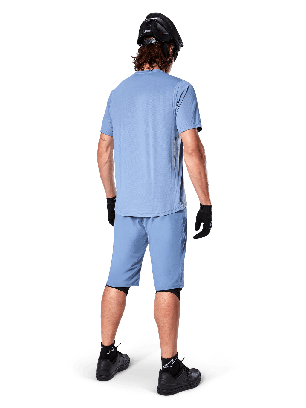 Alpinestars A-Dura Astar Jersey, Men's Short Sleeve MTB Trail Jersey, Infinity Blue, coordinated outfit shown from rear.