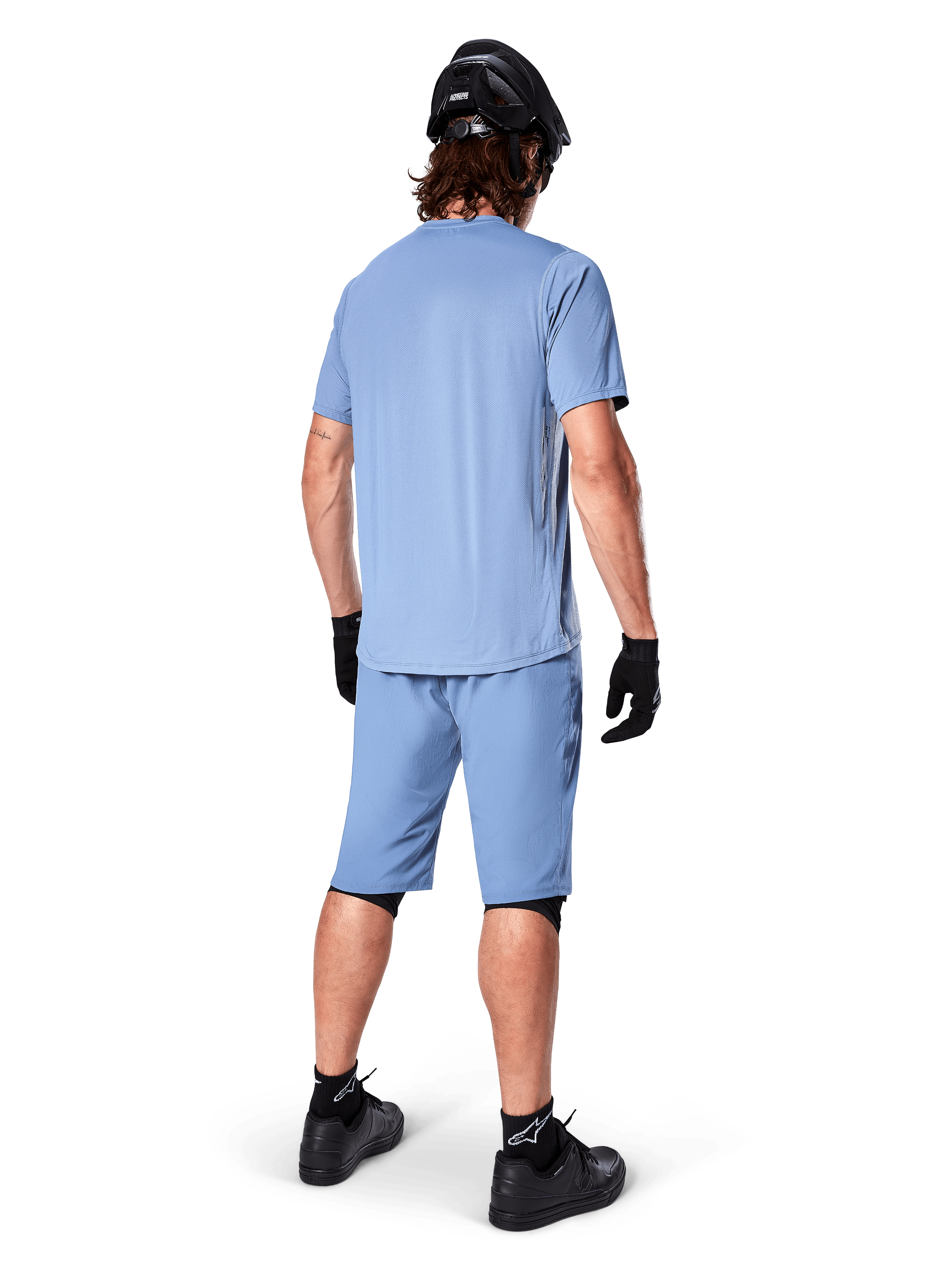 Alpinestars A-Dura Astar Jersey, Men's Short Sleeve MTB Trail Jersey, Infinity Blue, coordinated outfit shown from rear.