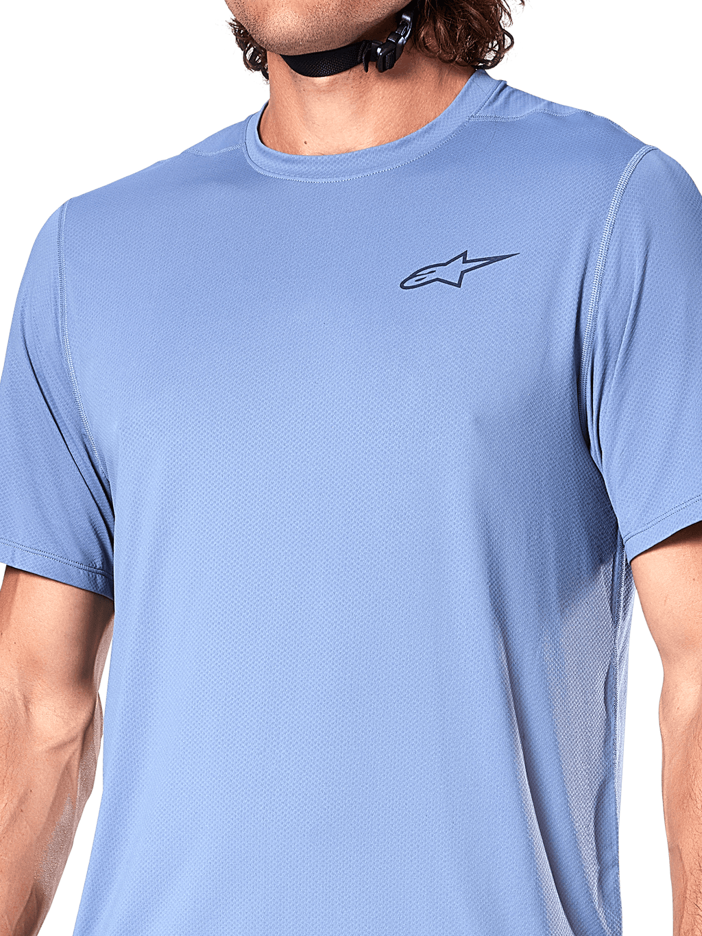 Alpinestars A-Dura Astar MTB Jersey in Infinity Blue, featuring moisture-wicking jacquard fabric and chest logo detail.