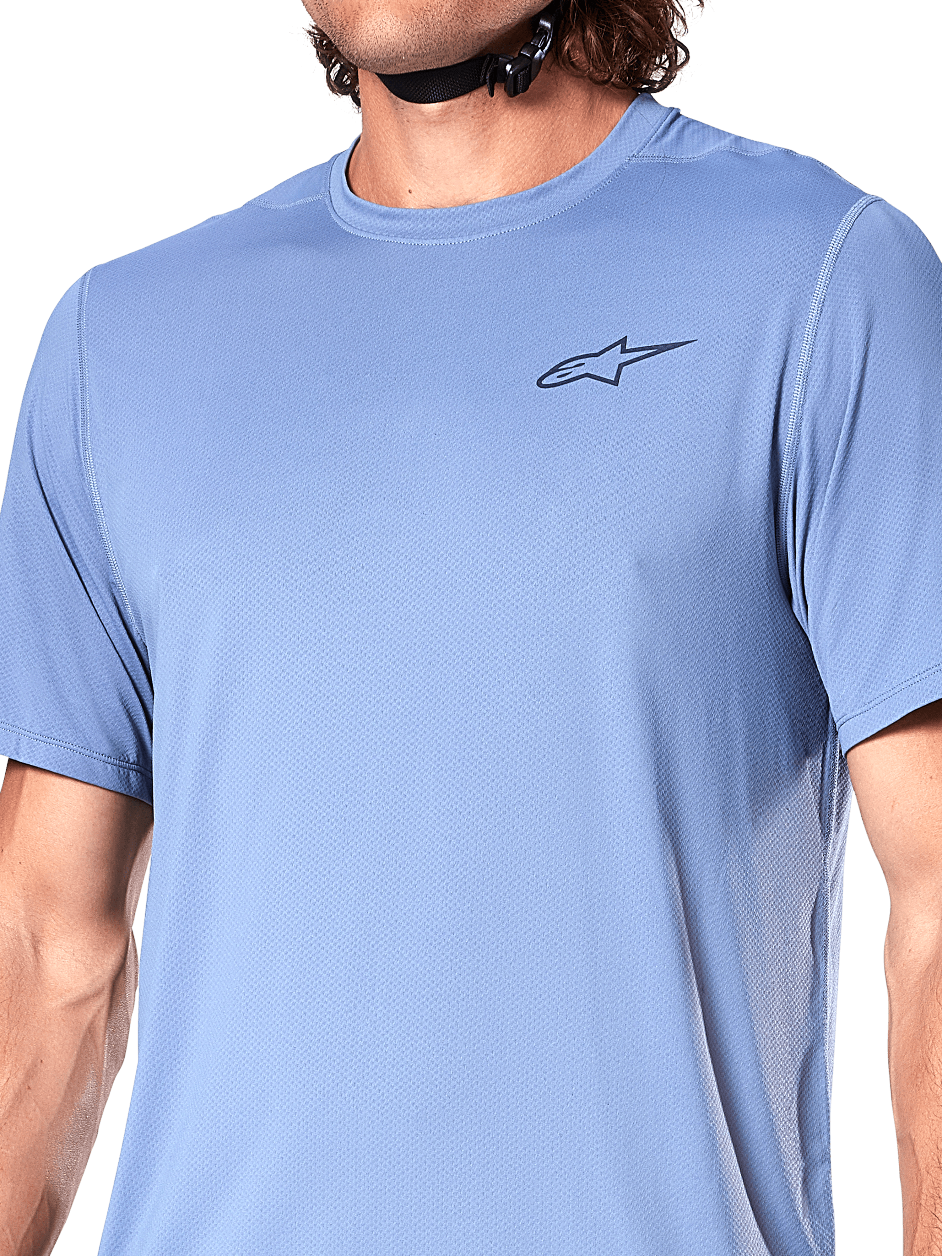 Alpinestars A-Dura Astar MTB Jersey in Infinity Blue, featuring moisture-wicking jacquard fabric and chest logo detail.