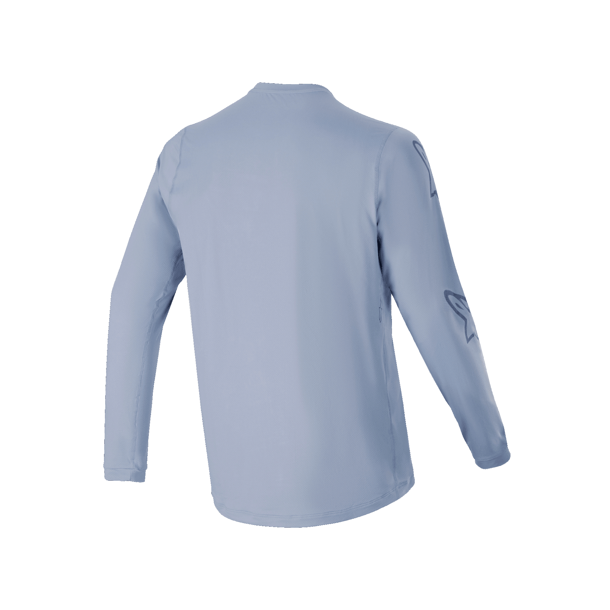 Alpinestars A-Dura Switch Long Sleeve Jersey, Infinity Blue, back view, lightweight jacquard fabric with dropped tail, subtle logo graphics on the sleeve, technical MTB cycling apparel