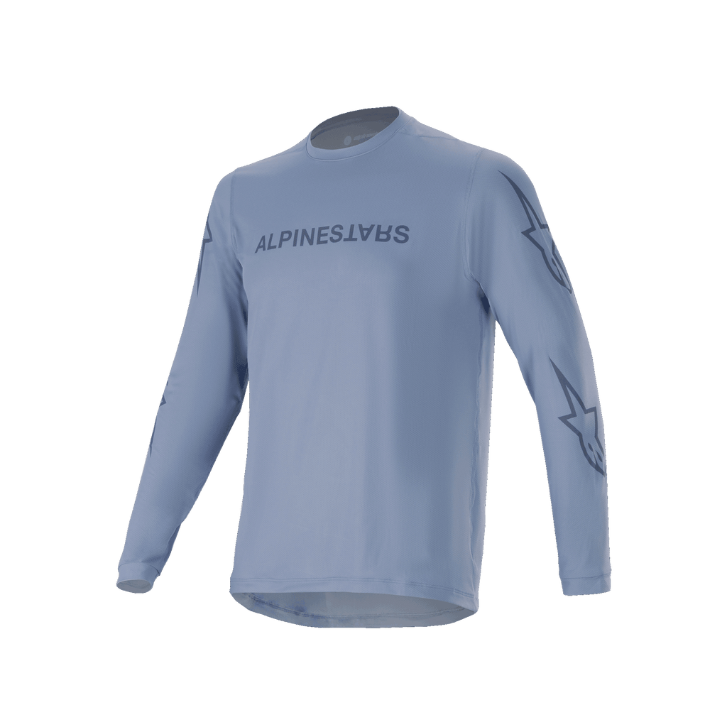 Alpinestars A-Dura Switch Long Sleeve Jersey, Infinity Blue, light blue mountain bike jersey with dark blue screen-printed logo on chest and star logos on sleeves, lightweight performance fabric for trail riding