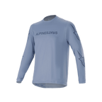 Alpinestars A-Dura Switch Long Sleeve Jersey, Infinity Blue, light blue mountain bike jersey with dark blue screen-printed logo on chest and star logos on sleeves, lightweight performance fabric for trail riding