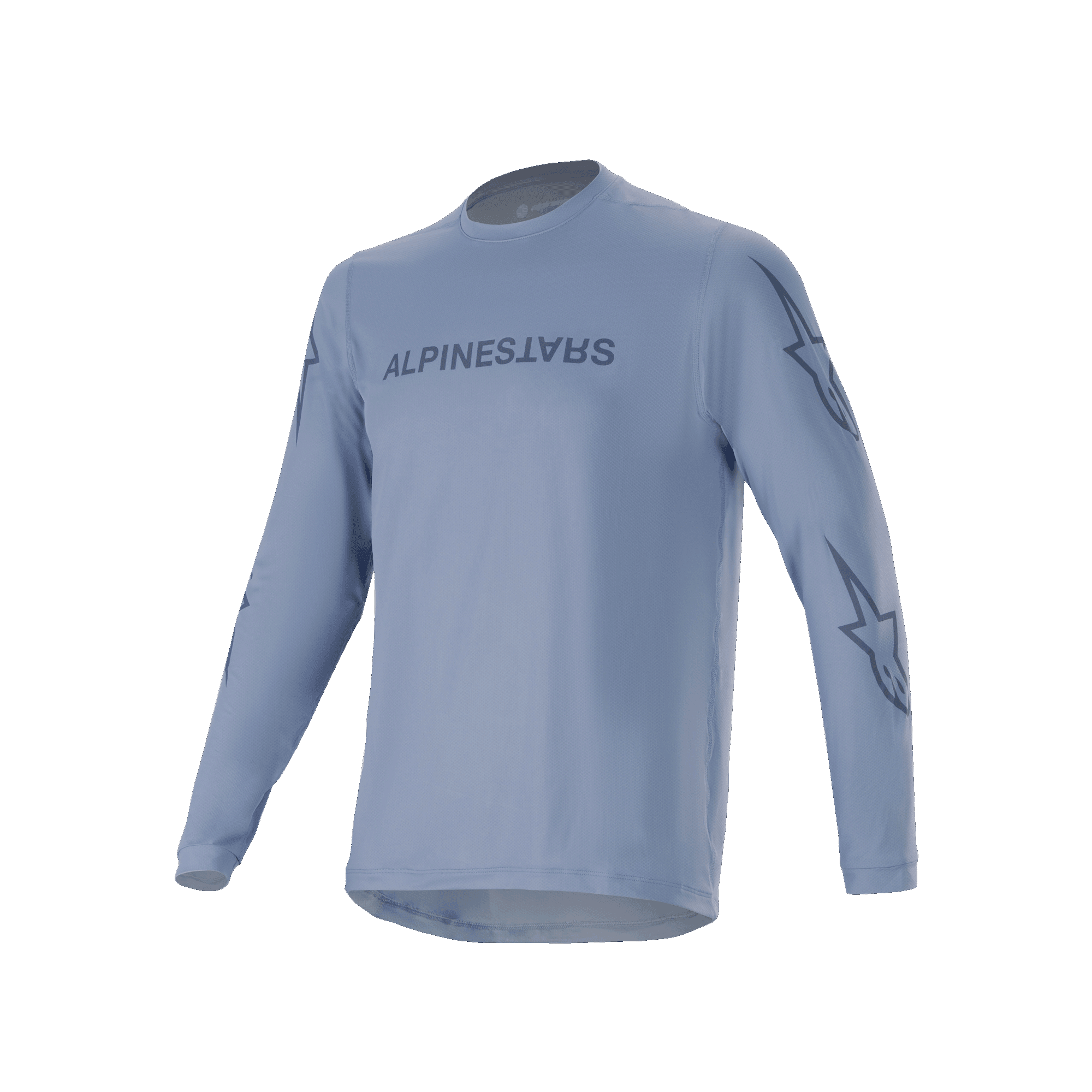 Alpinestars A-Dura Switch Long Sleeve Jersey, Infinity Blue, light blue mountain bike jersey with dark blue screen-printed logo on chest and star logos on sleeves, lightweight performance fabric for trail riding