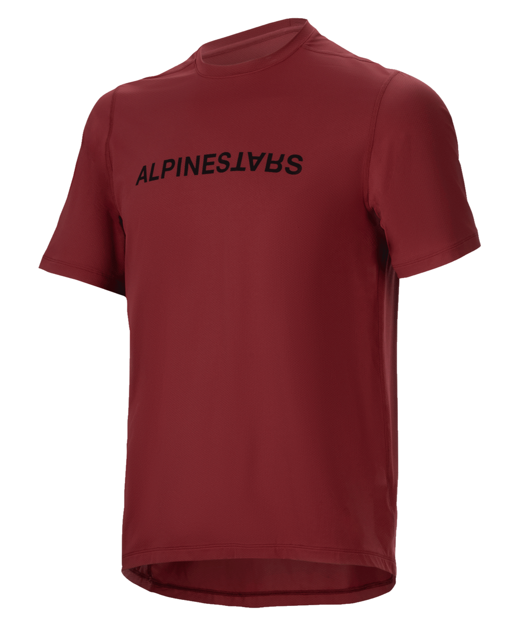 Alpinestars A-Dura Switch Jersey, Short Sleeve MTB Jersey, Burgundy, Black wordmark logo on chest, lightweight moisture-wicking fabric, round neck and drop tail, designed for off-road cycling