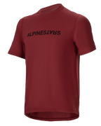 Alpinestars A-Dura Switch Jersey, Short Sleeve MTB Jersey, Burgundy, Black wordmark logo on chest, lightweight moisture-wicking fabric, round neck and drop tail, designed for off-road cycling
